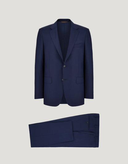 The Canali Blue Wool Twill Single Breasted Suit features a classic two-button blazer with notched lapels and three front pockets, paired with matching tailored trousers, all displayed neatly against a light gray background. , available at Richard Gelding Mayfair