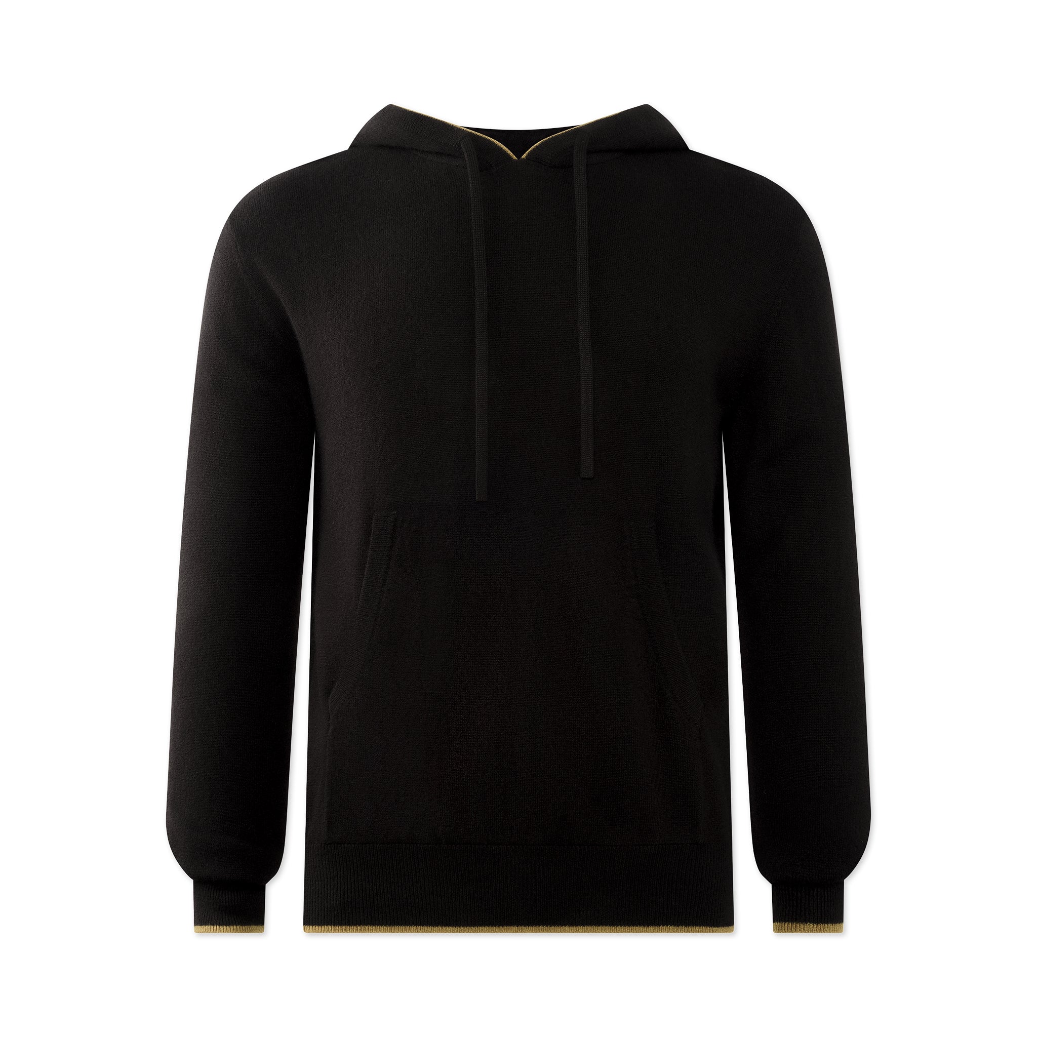 The TECHIN Black Cashmere Hoodie features a front pouch pocket, long sleeves, ribbed cuffs and hem, drawstrings, and a soft cashmere texture. Shown on a white background. , available at Richard Gelding Mayfair