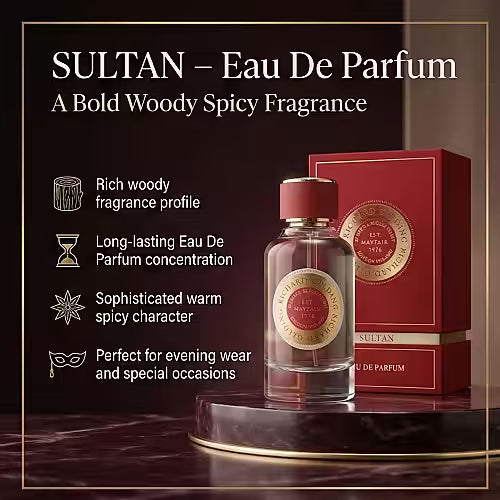 Richard Gelding Sultan EdP 100ml stands before its red and gold box. This luxury fragrance by Richard Gelding offers a bold, woody-spicy scent with rich notes and lasting concentration, perfect for evenings and special occasions. , available at Richard Gelding Mayfair