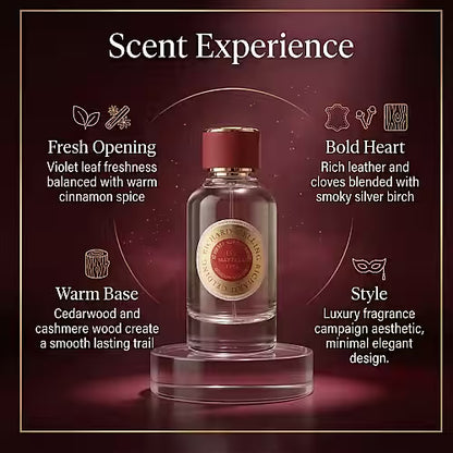 A clear glass bottle of Richard Gelding Sultan EdP 100ml with a red and gold label sits on a round platform against a maroon background. Text highlights its fresh opening, bold heart, warm base, and refined fragrance style with icon accents. , available at Richard Gelding Mayfair