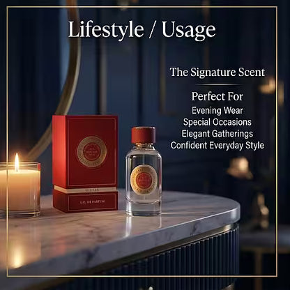 A bottle of Richard Gelding Sultan EdP 100ml and its red box rest on a marble counter with a lit candle nearby. Elegant decor and a mirror enhance the appeal of this Richard Gelding fragrance, ideal for evening wear or special occasions. , available at Richard Gelding Mayfair