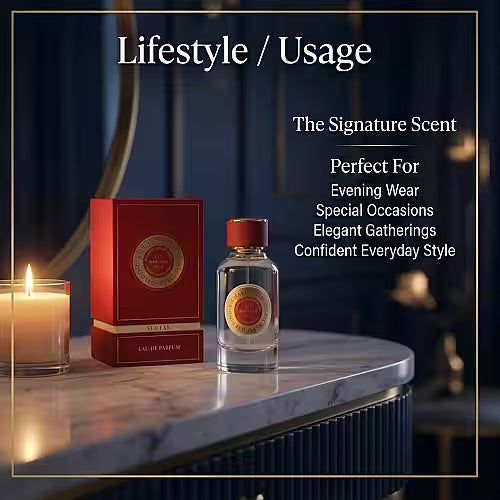 A bottle of Richard Gelding Sultan EdP 100ml and its red box rest on a marble counter with a lit candle nearby. Elegant decor and a mirror enhance the appeal of this Richard Gelding fragrance, ideal for evening wear or special occasions. , available at Richard Gelding Mayfair
