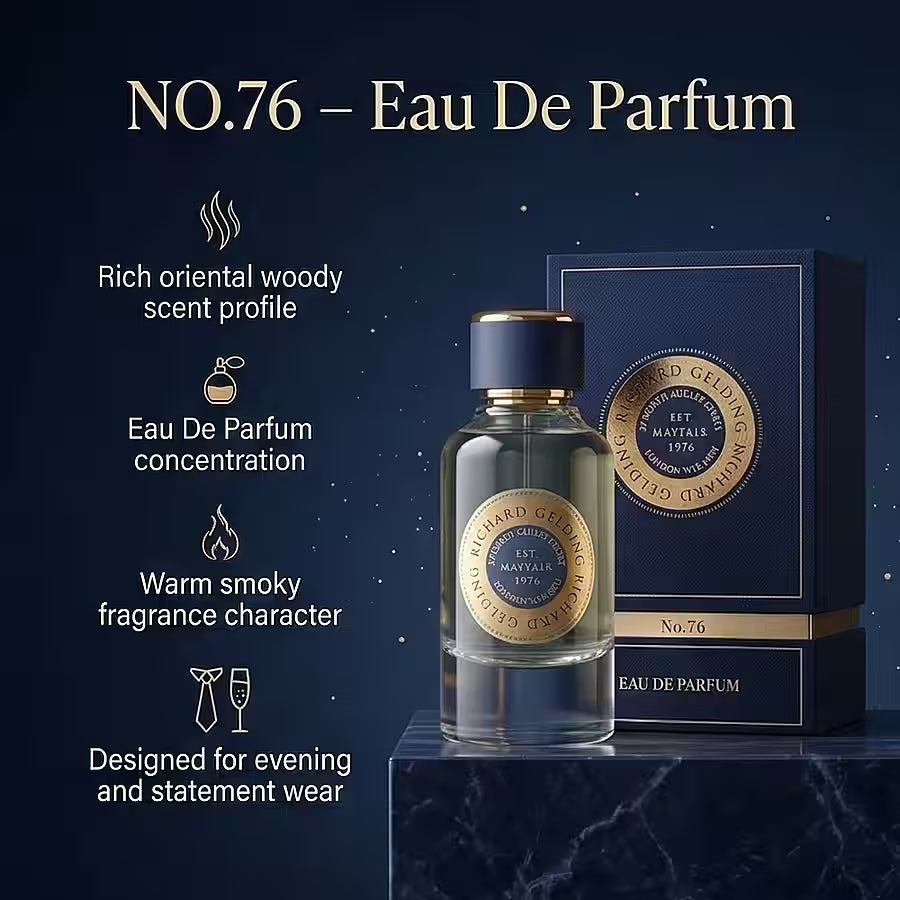 The Richard Gelding No.76 EdP 100ml, with a gold-accented label and cap, stands next to its dark blue and gold box, featuring a rich oriental woody scent with smoky notes, amber, and musk—ideal for evening wear. , available at Richard Gelding Mayfair