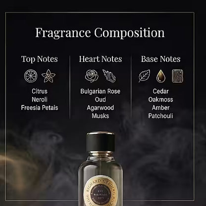 An infographic for Richard Gelding Sirocco EdP 100ml shows the perfume bottle, with fragrance notes and icons above. This oriental scent by Richard Gelding features citrus, neroli, oud, musks, amber, and patchouli for long-lasting wear. , available at Richard Gelding Mayfair