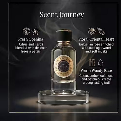 A Richard Gelding Sirocco EdP 100ml bottle rests on a glass platform with smoky wisps. The scent opens with citrus and neroli, reveals an oriental heart, and finishes with long-lasting cedar, amber, and oakmoss notes. , available at Richard Gelding Mayfair