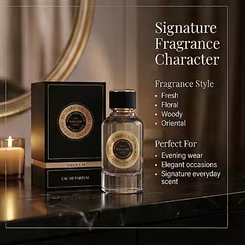 A Richard Gelding Sirocco EdP 100ml bottle and box sit on dark marble with a mirror behind. Signature Fragrance Character. Style: Fresh, Floral, Woody, Oriental. Ideal for evening wear with a long-lasting scent by Richard Gelding. , available at Richard Gelding Mayfair
