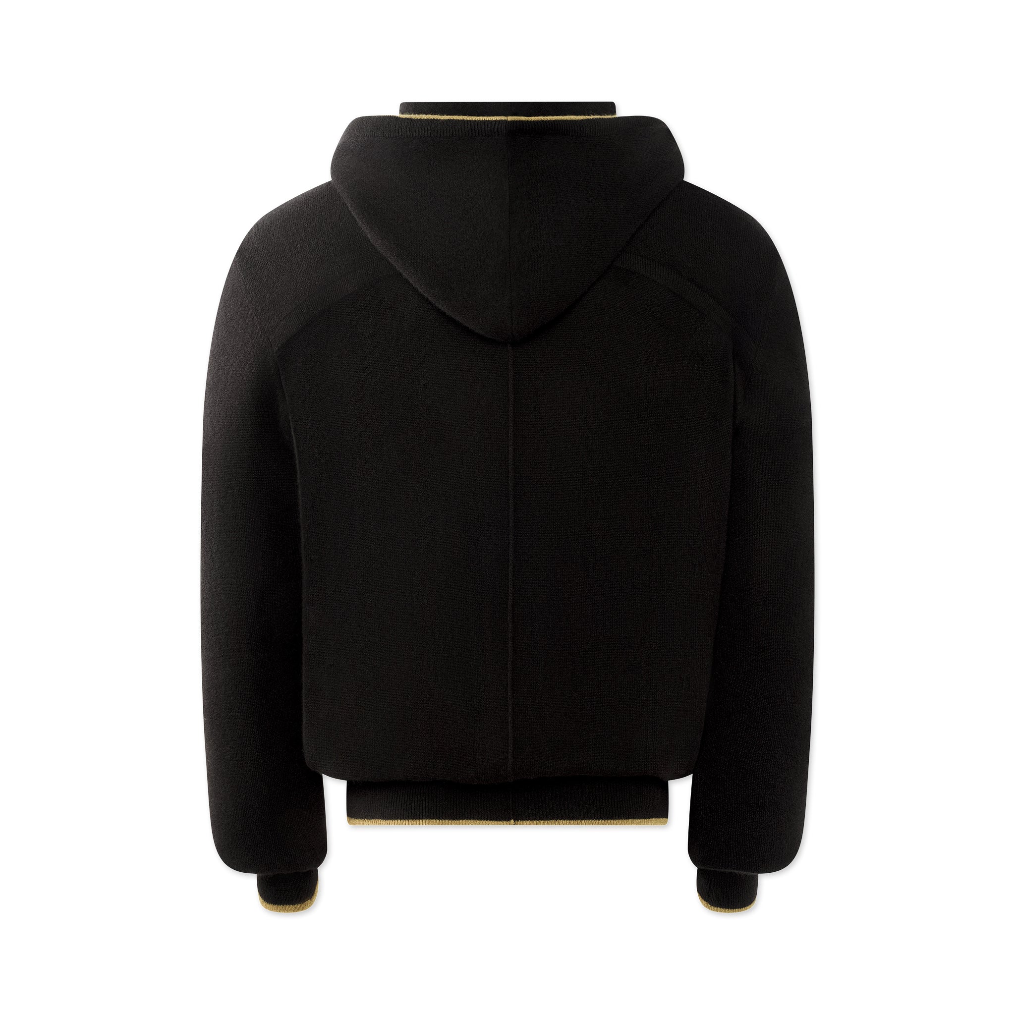 The TECHIN Black Cashmere Hoodie is shown from the back against a white background. It features long sleeves, ribbed cuffs and hem, a loose fit, and thick, plush fabric with no visible logos or patterns. , available at Richard Gelding Mayfair