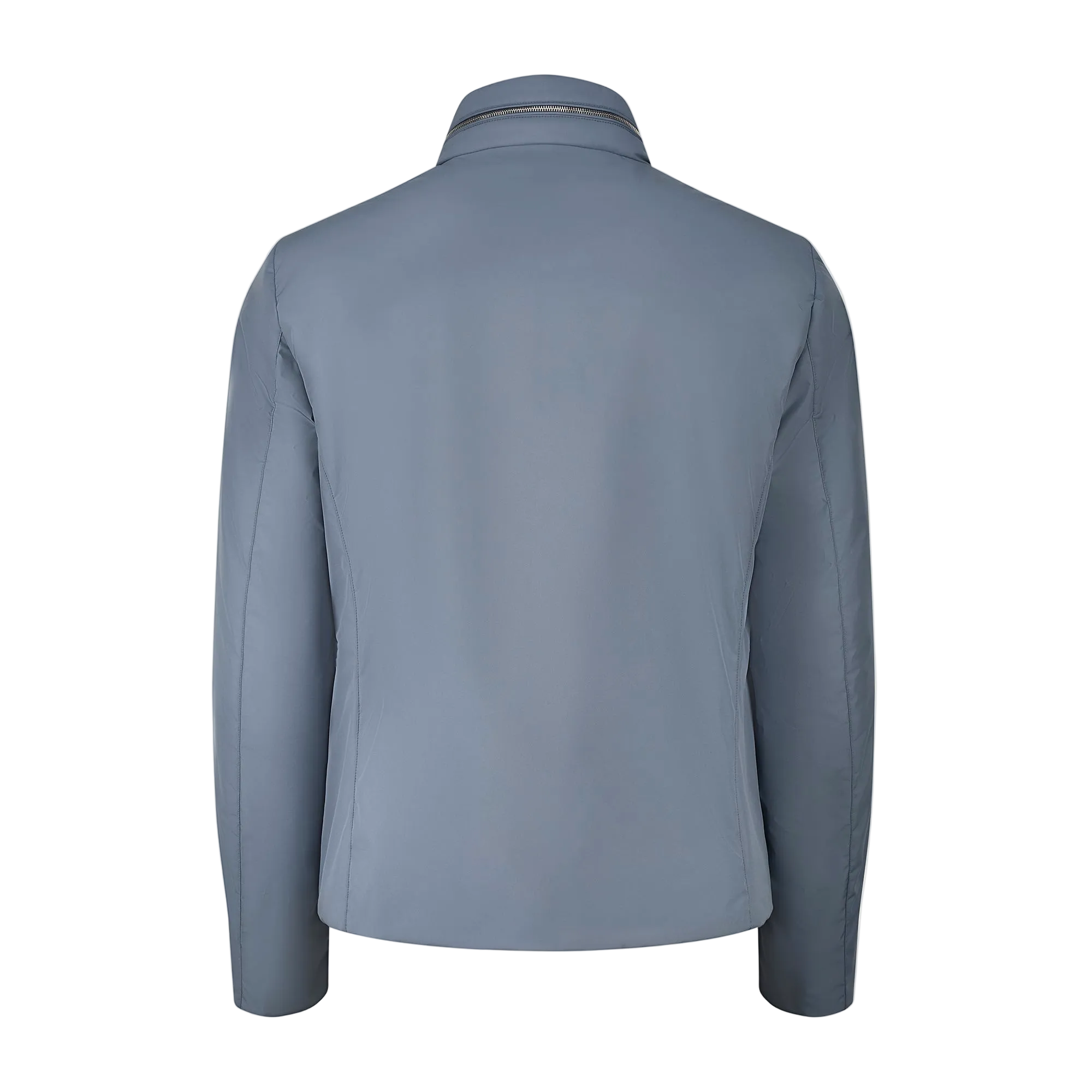 The Navy Blueberry Nylon Alcide Blouson by Moorer is shown from the back in light navy, featuring long sleeves, a high collar, and straight hem. Its sleek, minimalist retro design has no visible seams or fasteners against a plain white background. , available at Richard Gelding Mayfair