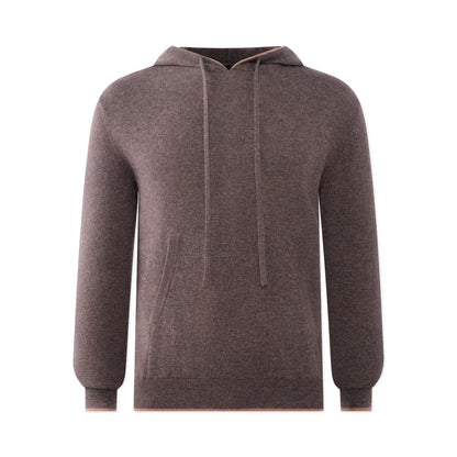 The TECHIN Light Brown Cashmere Hoodie features a soft, slightly fuzzy texture, long sleeves, front drawstrings, ribbed cuffs and hem. Shown on a white background, it offers a cozy feel with classic hoodie details. , available at Richard Gelding Mayfair