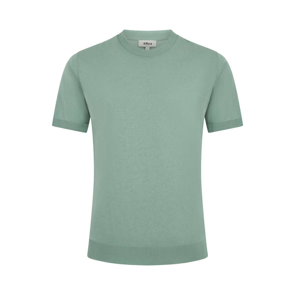 The Altea Green Lyocell T-shirt, featuring a fitted shape and ribbed crew neck, sleeves, and hem, is shown on a white background with a small interior neckline tag visible. , available at Richard Gelding Mayfair