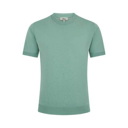 The Altea Green Lyocell T-shirt, featuring a fitted shape and ribbed crew neck, sleeves, and hem, is shown on a white background with a small interior neckline tag visible. , available at Richard Gelding Mayfair