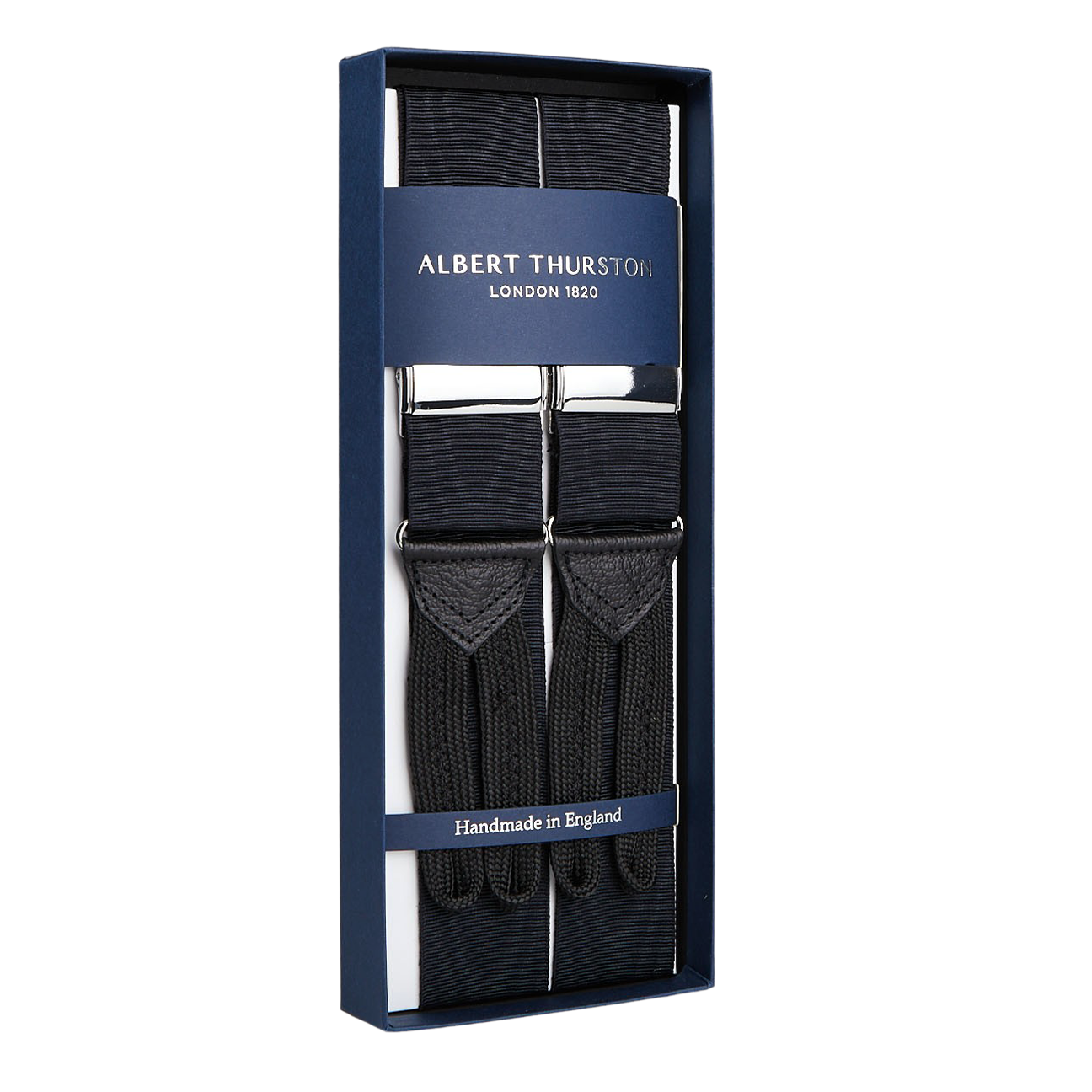 Albert Thurston Black James Bond Moiré 38 mm braces in a presentation box.