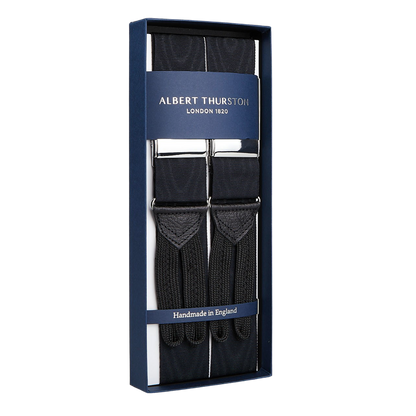 Albert Thurston Black James Bond Moiré 38 mm braces in a presentation box.