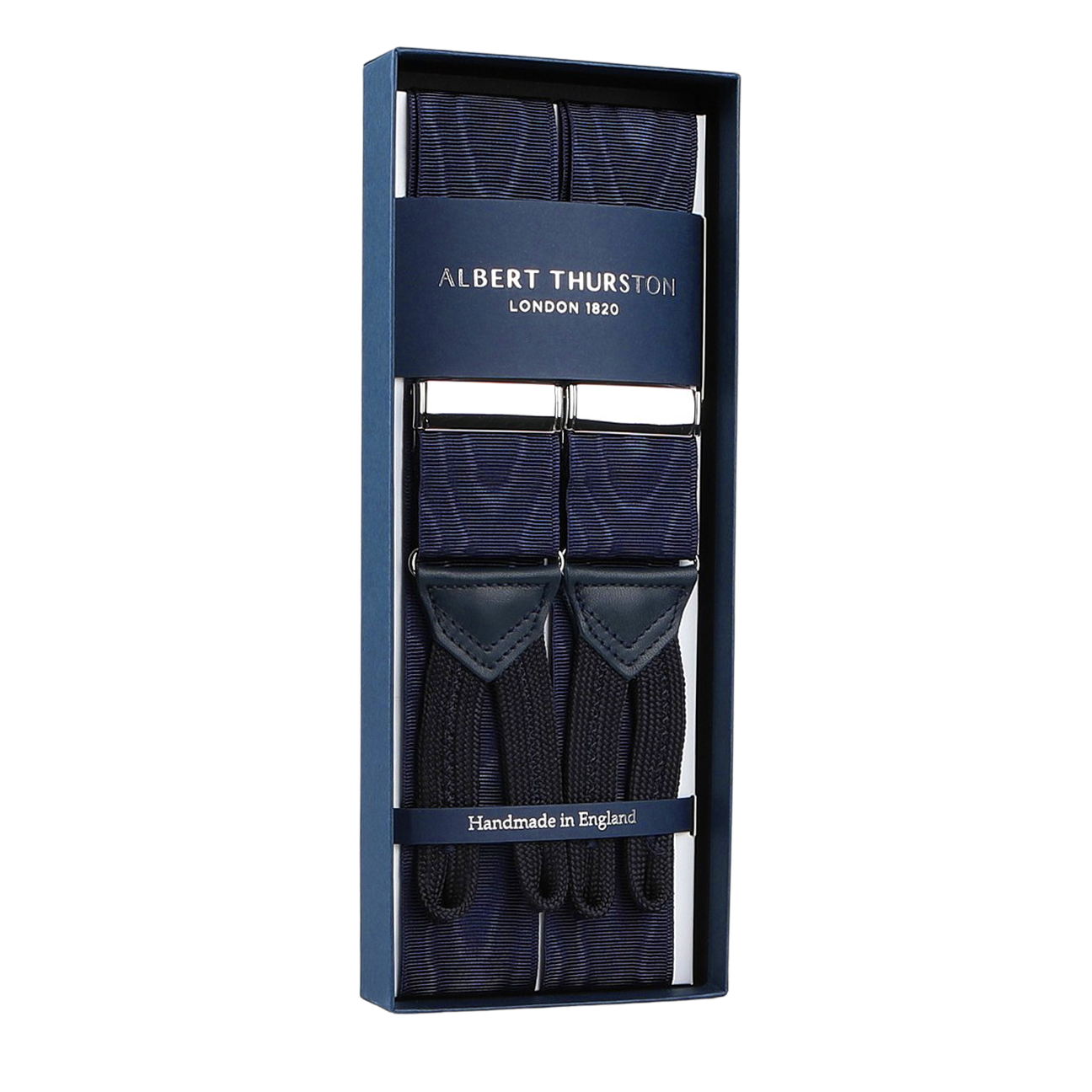 Albert Thurston Navy James Bond Moiré 38 mm Braces, handmade in England with leather details and metal clips, inspired by Casino Royale. Boxed set.