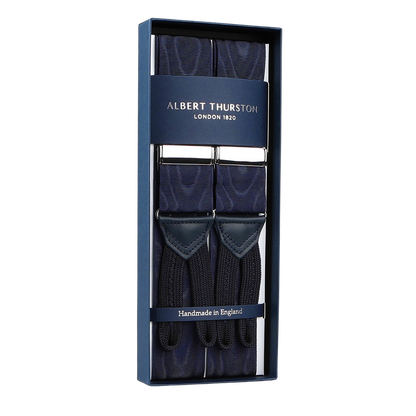 Albert Thurston Navy James Bond Moiré 38 mm Braces, handmade in England with leather details and metal clips, inspired by Casino Royale. Boxed set.