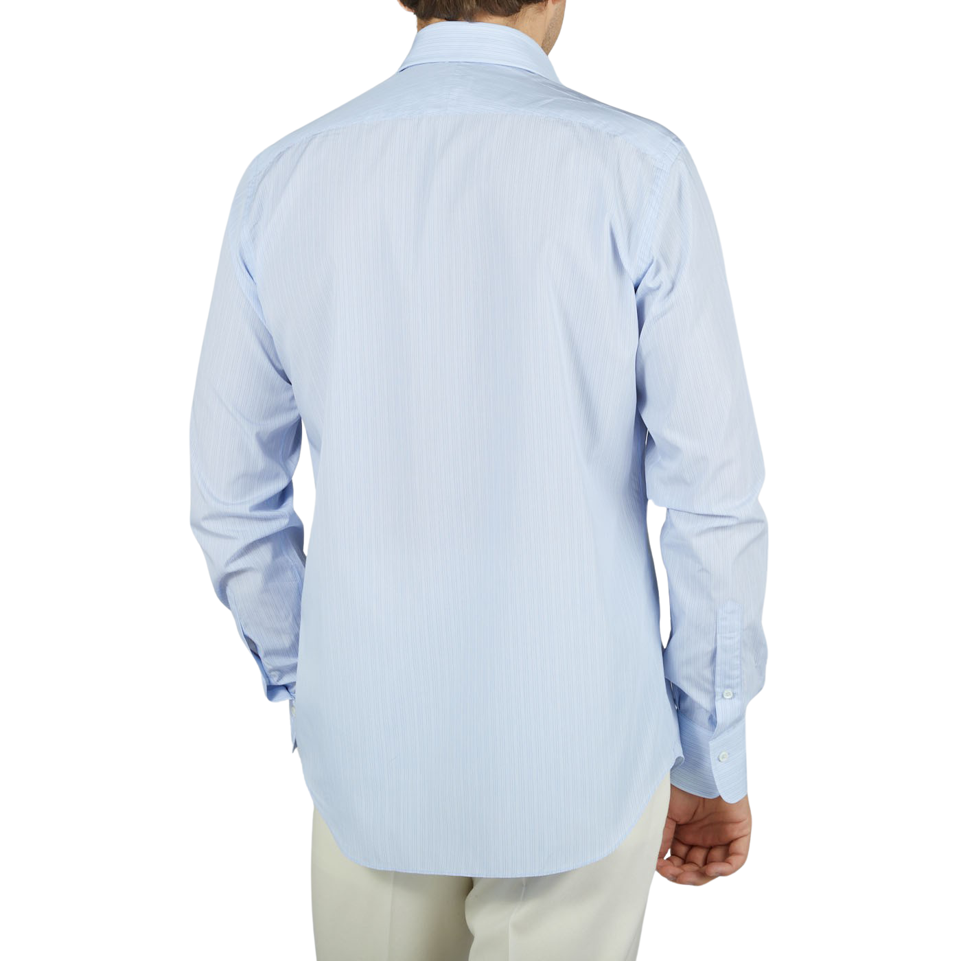 The back view of a man wearing an Alessandro Gherardi Blue Fancy Striped Cotton Single Cuff Shirt.