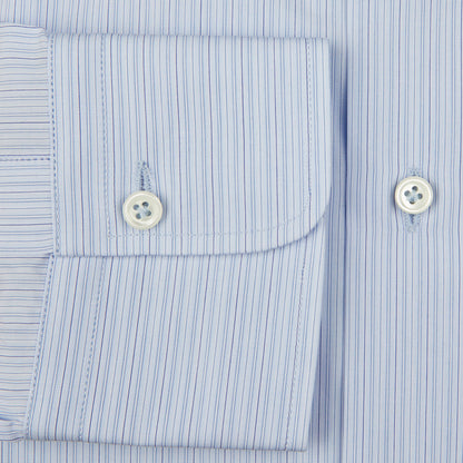 A high-quality Blue Fancy Striped Cotton Single Cuff Shirt with blue and white stripes by Alessandro Gherardi.