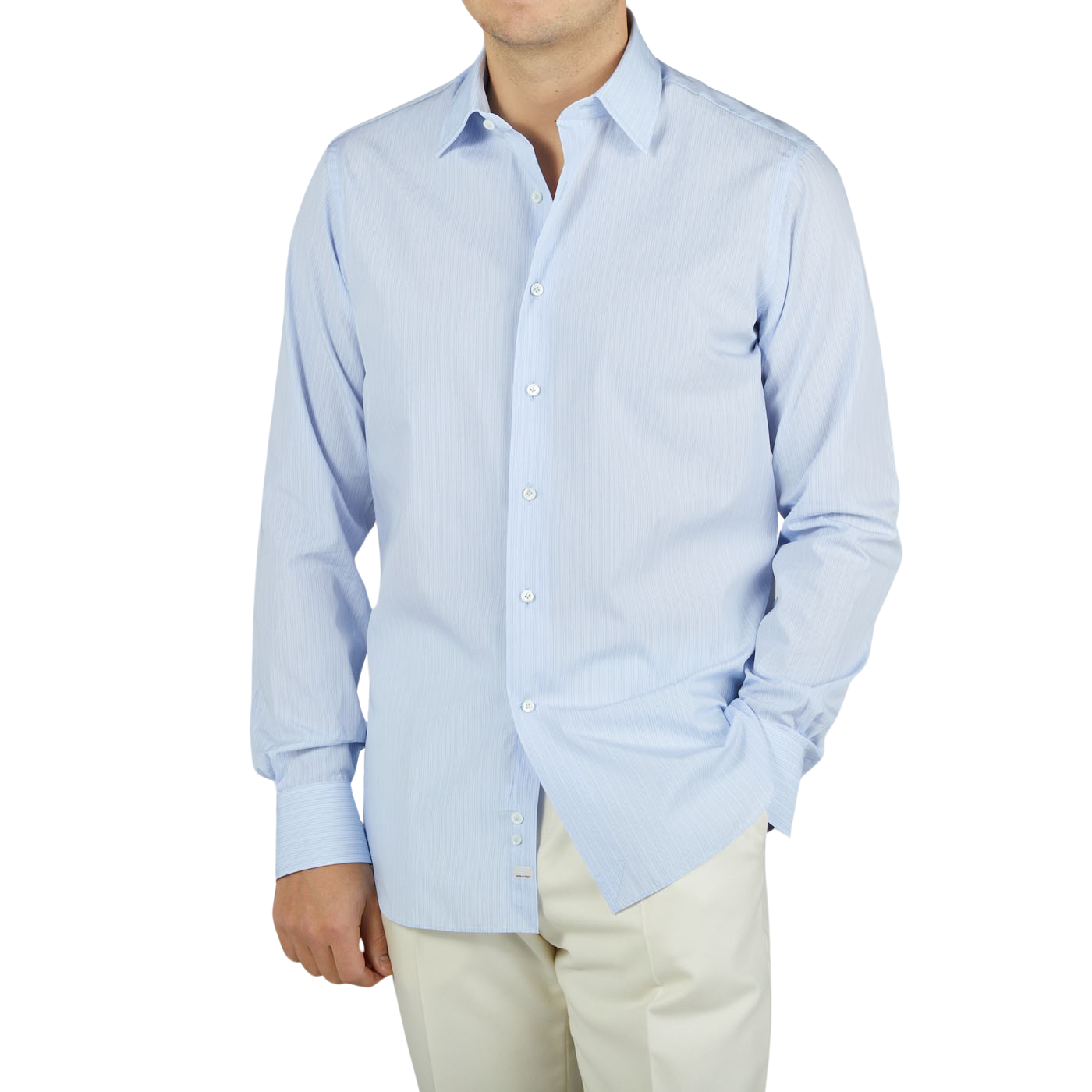 Alessandro Gherardi, a man wearing a Blue Fancy Striped Cotton Single Cuff Shirt made of cotton.