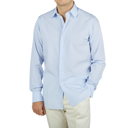 Alessandro Gherardi, a man wearing a Blue Fancy Striped Cotton Single Cuff Shirt made of cotton.