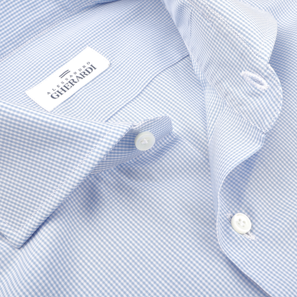 Close-up of Alessandro Gherardi's Blue Gingham Checked Cotton Single Cuff Shirt, featuring a label inside the collar.