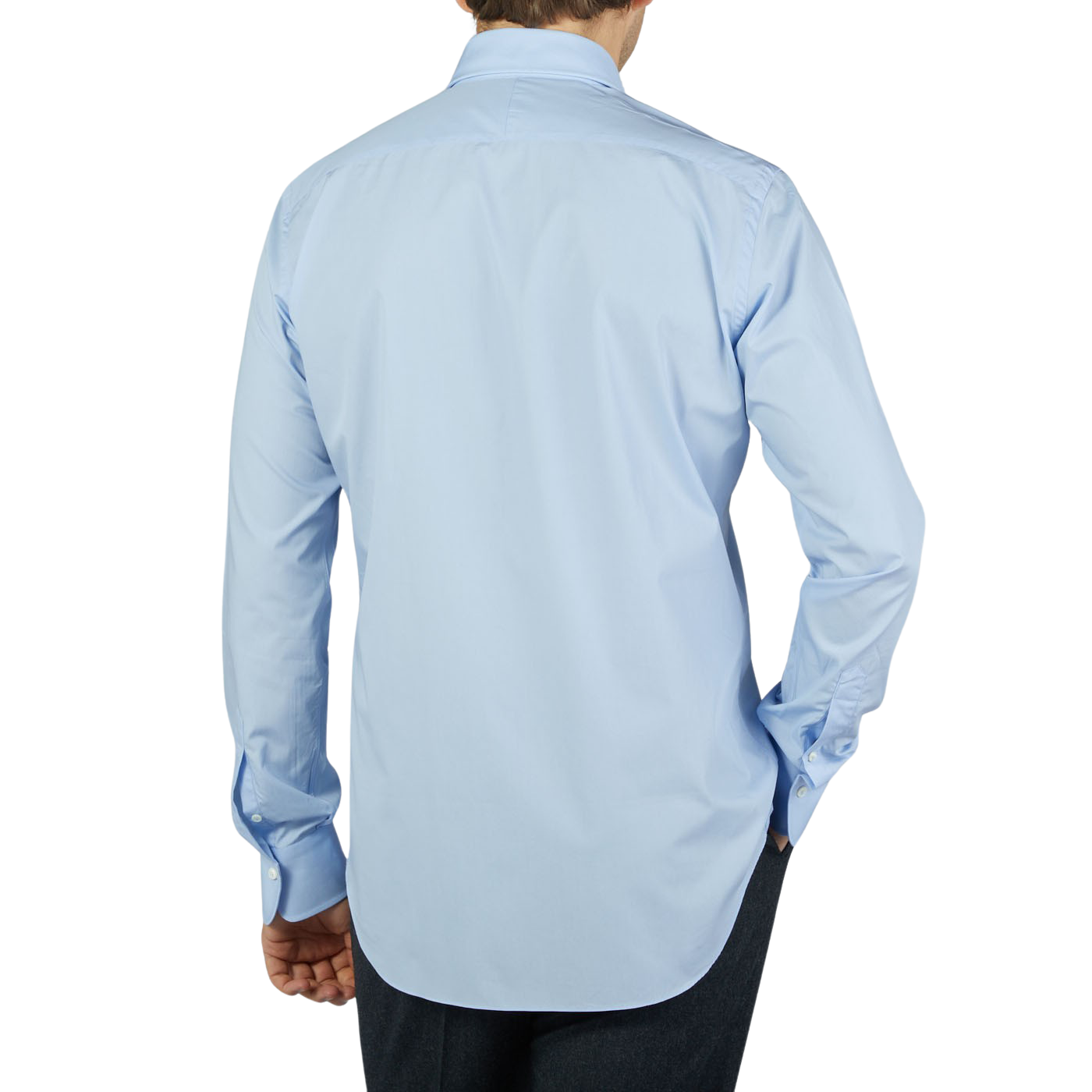 A man with a back view wearing an Alessandro Gherardi Sky Blue Fine Cotton Single Cuff Shirt.