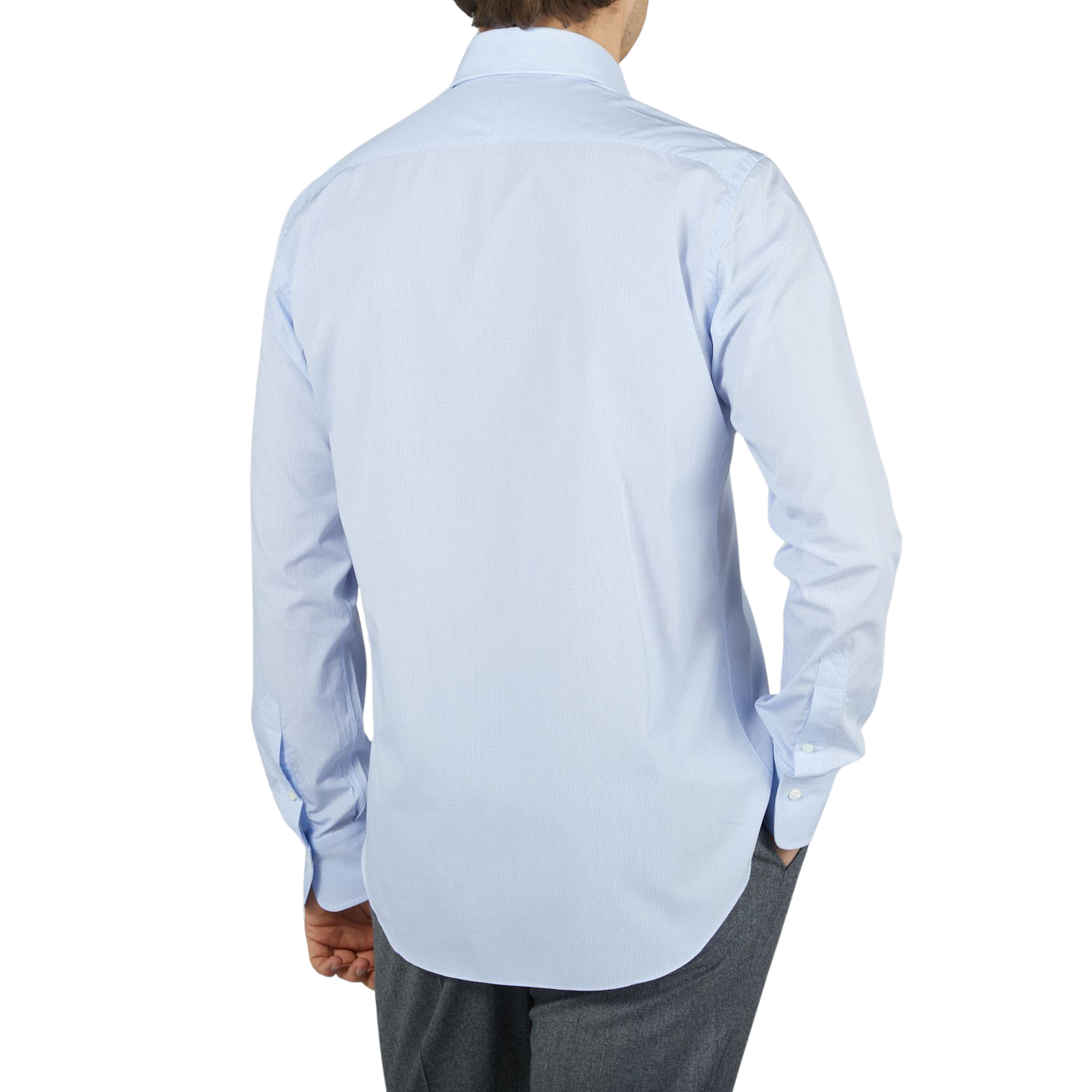 The high-quality back view of a man wearing a Sky Blue Grid Check Cotton Single Cuff Shirt by Alessandro Gherardi.