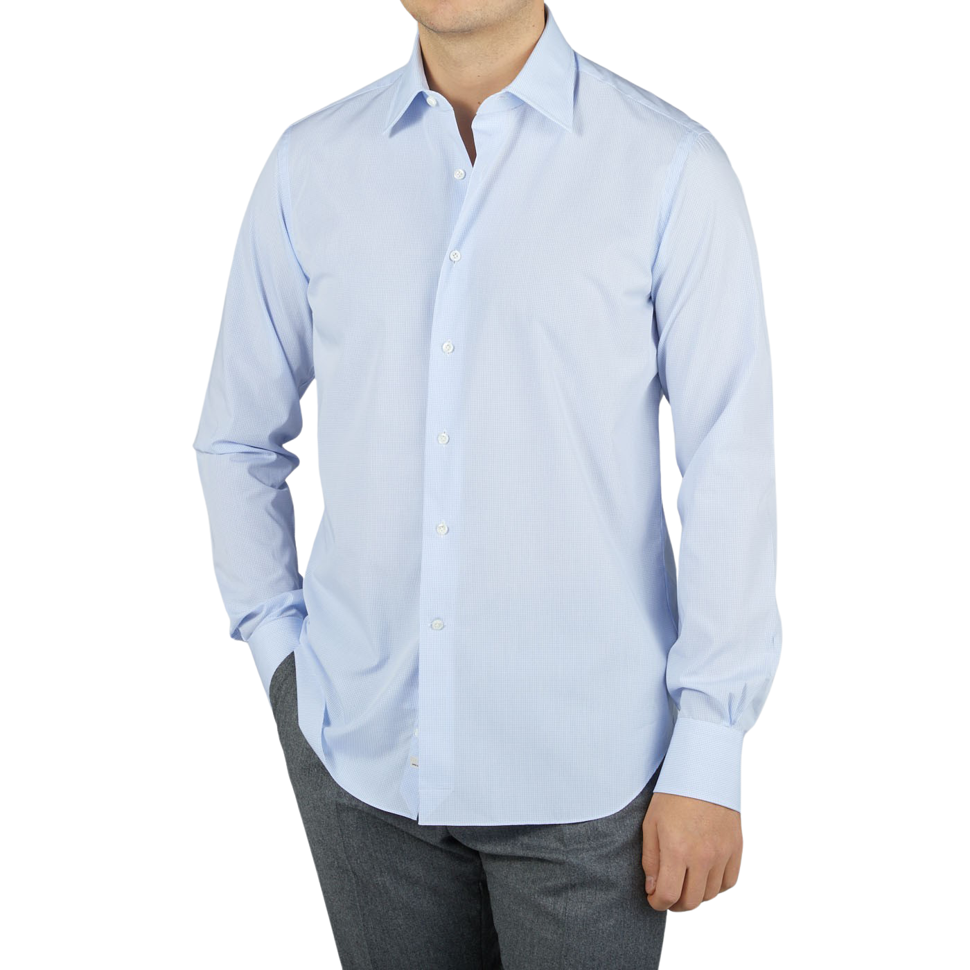 A man wearing a high-quality Alessandro Gherardi Sky Blue Grid Check Cotton Single Cuff Shirt.