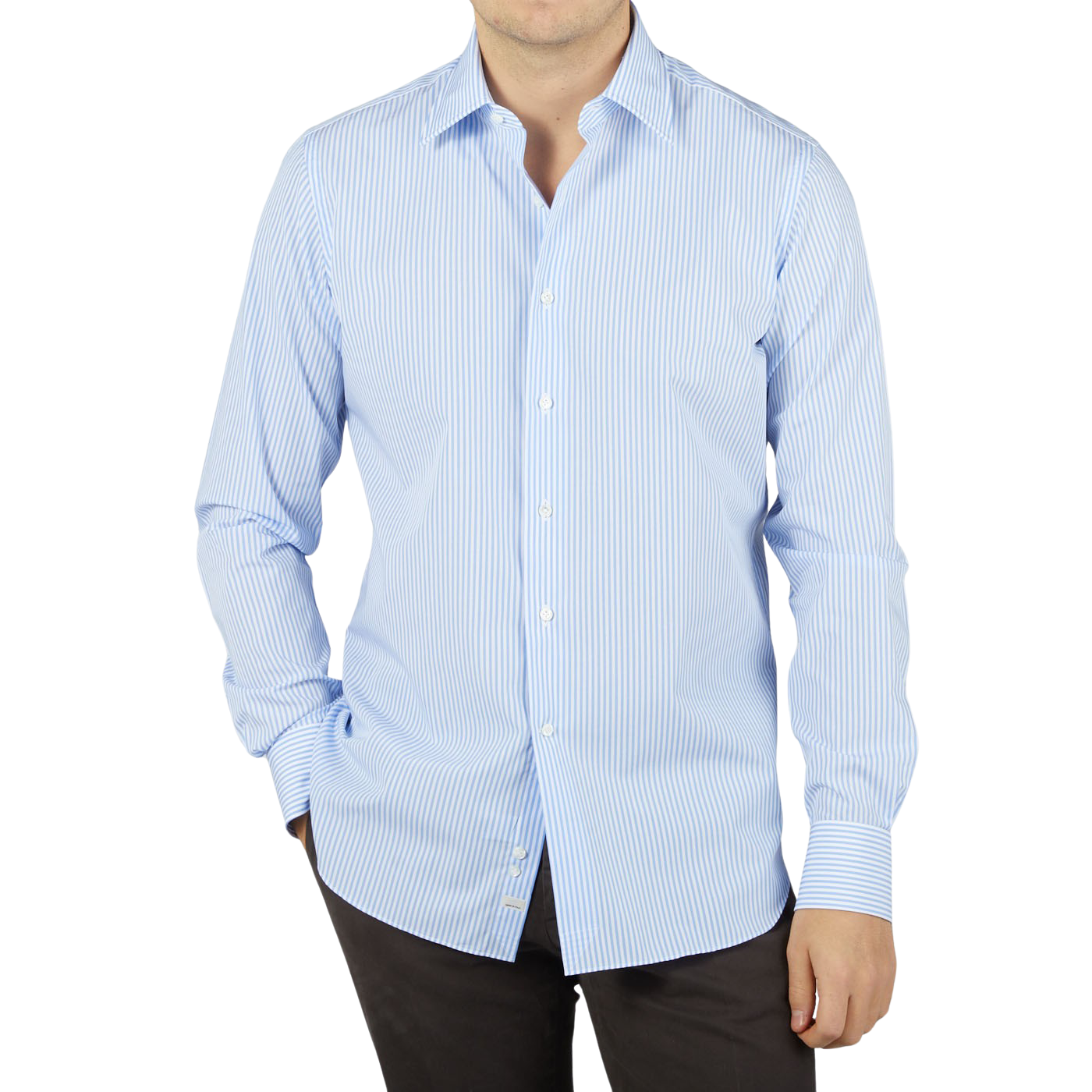 A man wearing an Alessandro Gherardi Sky Blue Striped Cotton Single Cuff Shirt.