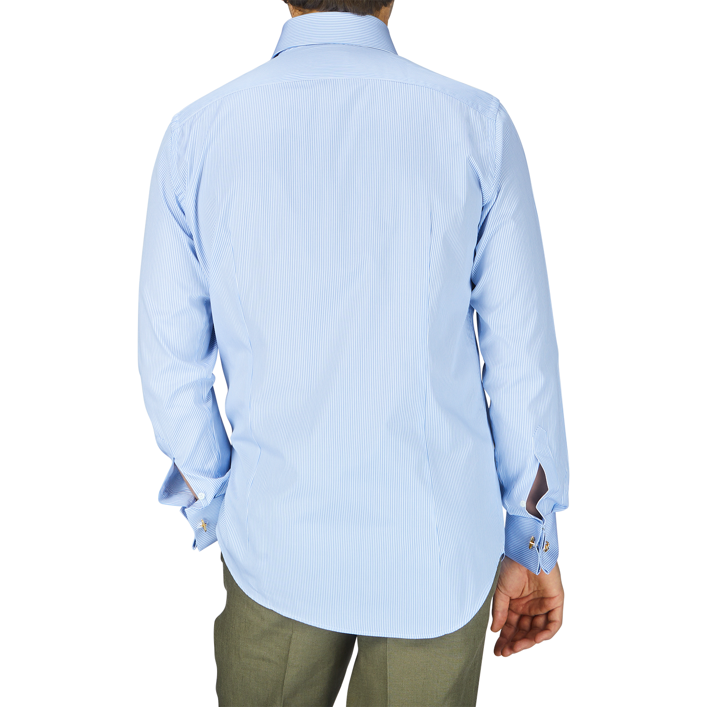 The man is wearing an Alexander Kraft Monte Carlo Blue White Bengal Stripe Cotton Double Cuff Shirt with a fitted cut.