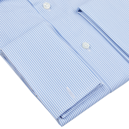 A fitted cut Alexander Kraft Monte Carlo Blue White Bengal Stripe Cotton Double Cuff Shirt.