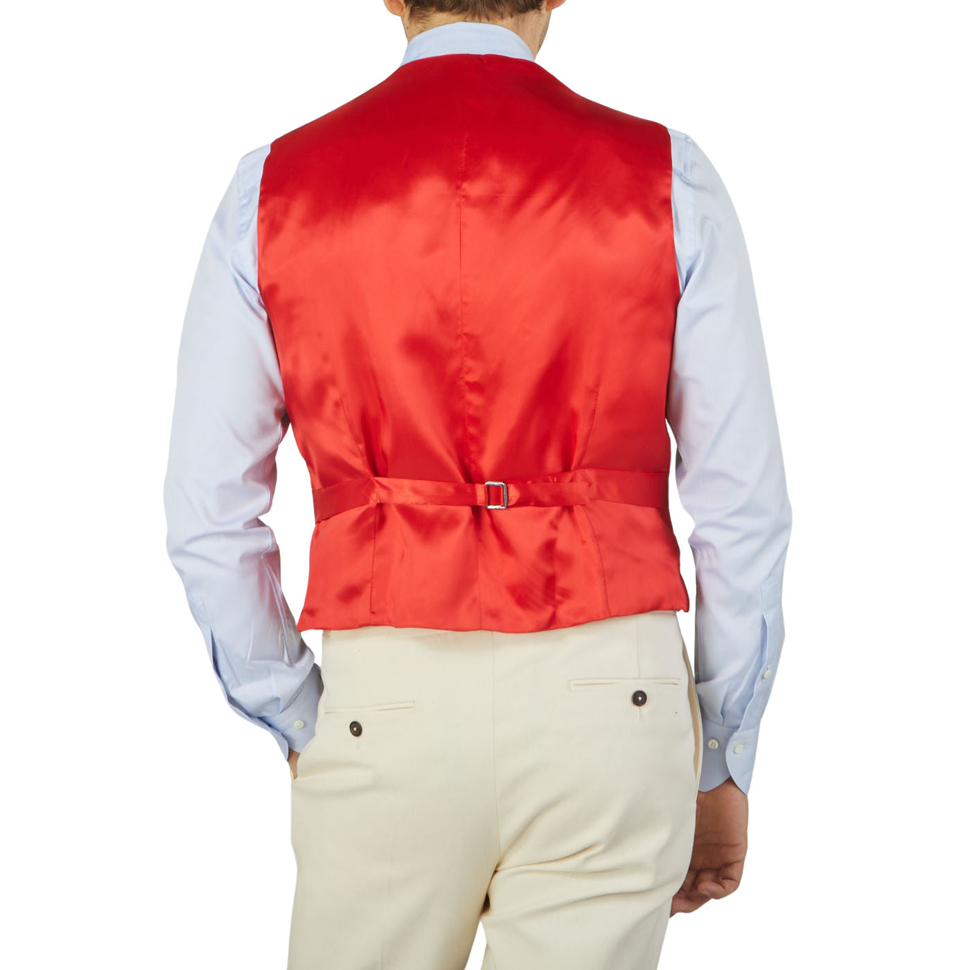 The back view of a man wearing an Alexander Kraft Monte Carlo Light Beige Cotton Twill DB Waistcoat.