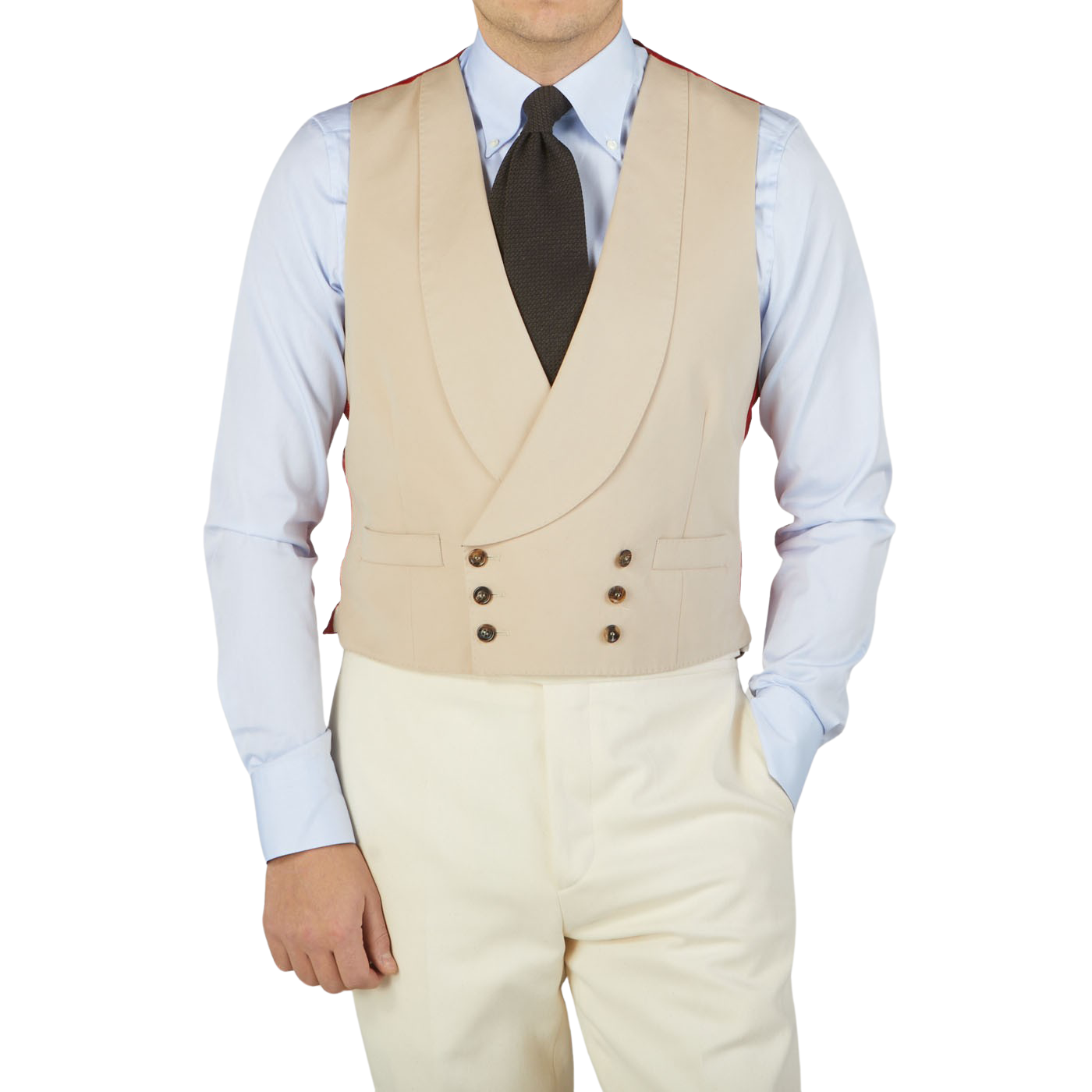 Alexander Kraft Monte Carlo, in a Light Beige Cotton Twill DB Waistcoat, is posing for a photo.