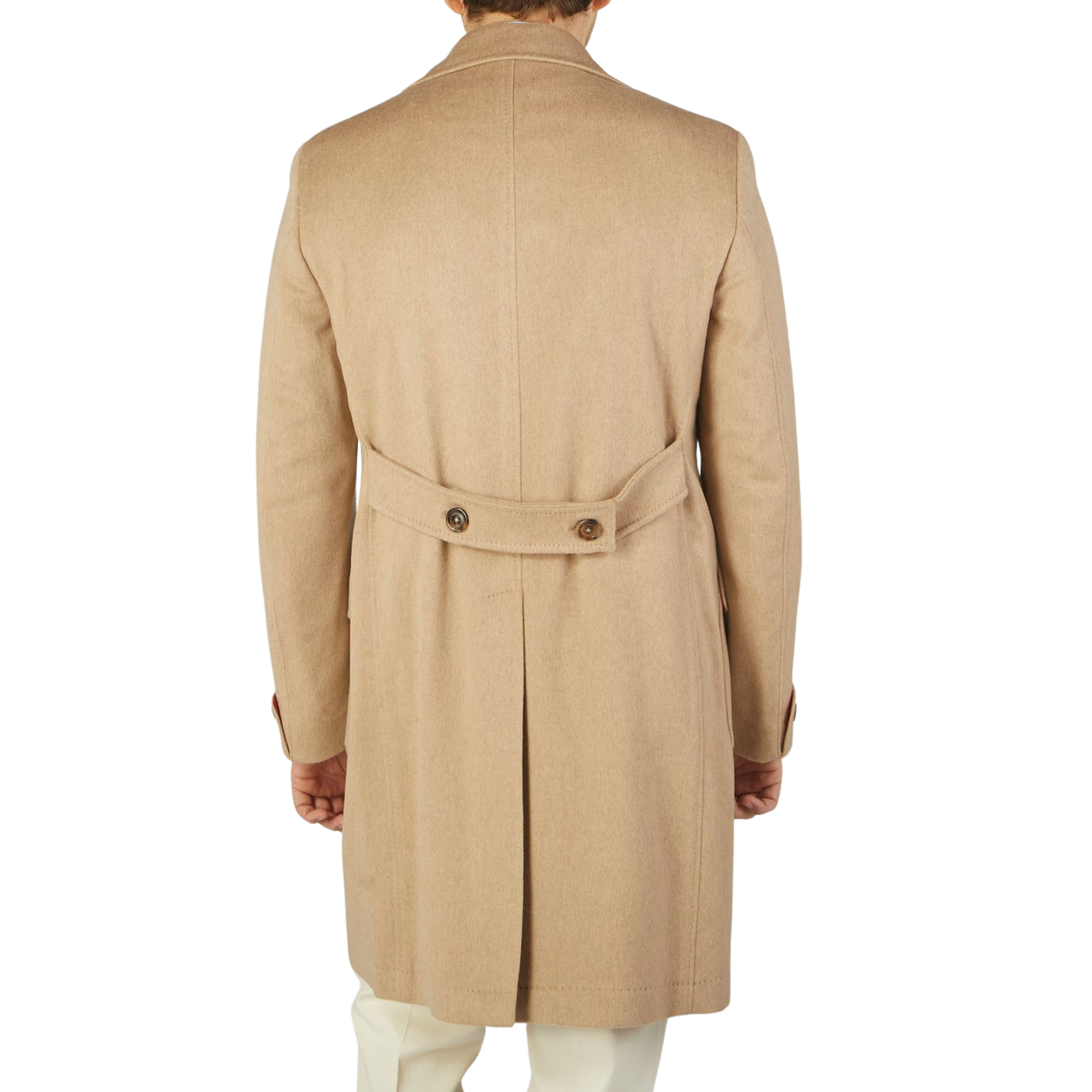 The back view of a man wearing an Alexander Kraft Monte Carlo Camel Beige Pure Cashmere Florence DB Overcoat.