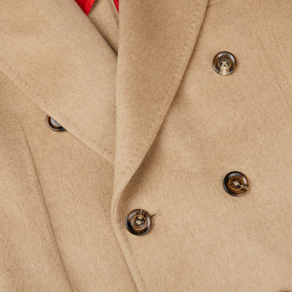 A close up image of the Alexander Kraft Monte Carlo Camel Beige Pure Cashmere Florence DB Overcoat.