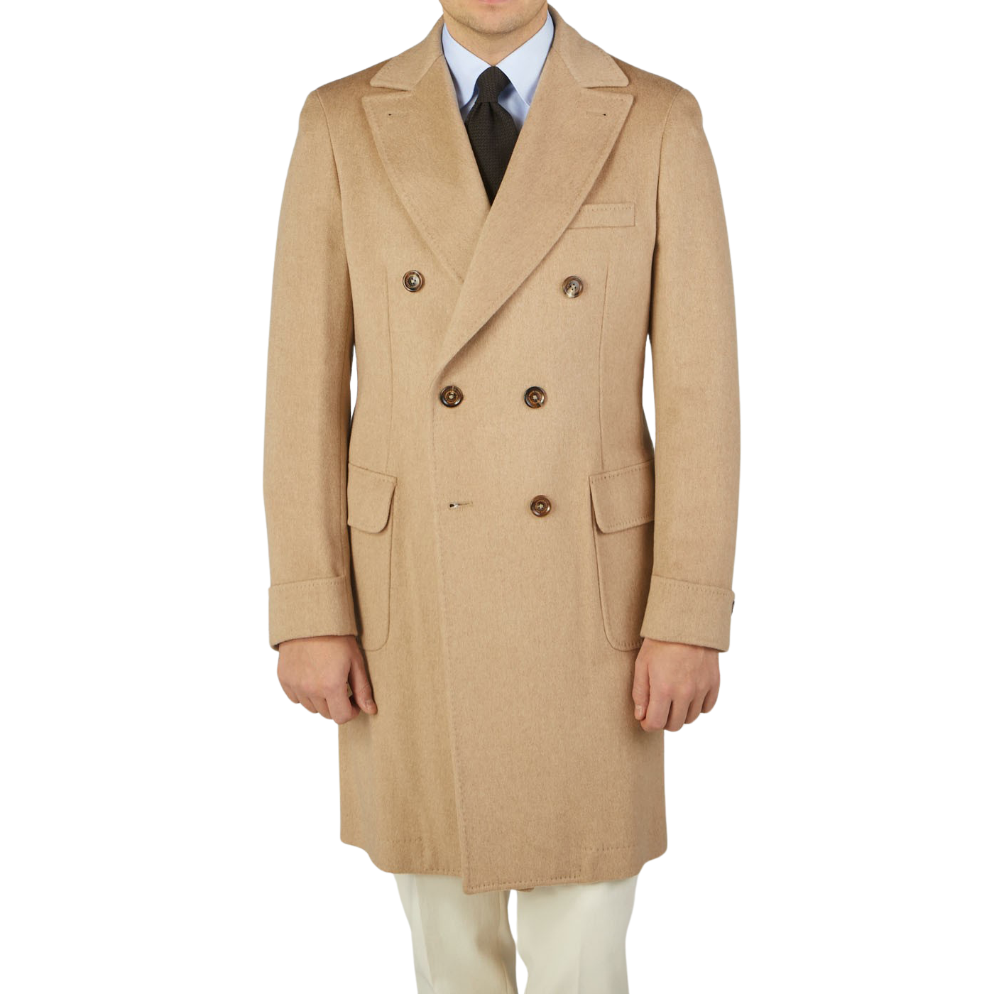 A man wearing an Alexander Kraft Monte Carlo Camel Beige Pure Cashmere Florence DB Overcoat.