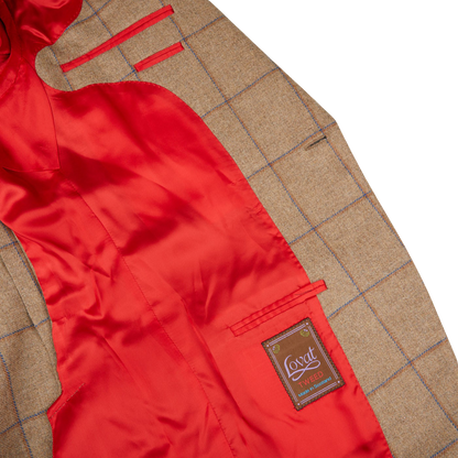 A red and brown Caramel Estate Wool Tweed Provence blazer jacket made of pure wool with a label embossed with the Alexander Kraft Monte Carlo SEO keywords.