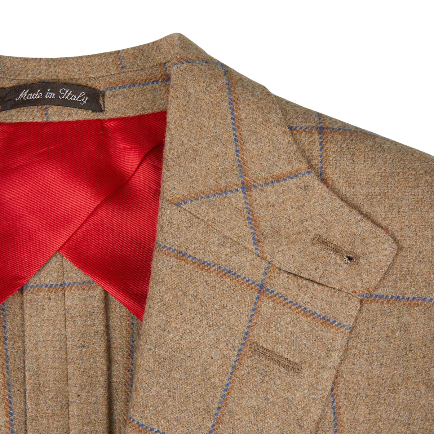 Alexander Kraft Monte Carlo's Caramel Estate Wool Tweed Provence Jacket, crafted from pure wool, is perfectly complemented with a vibrant red tie.