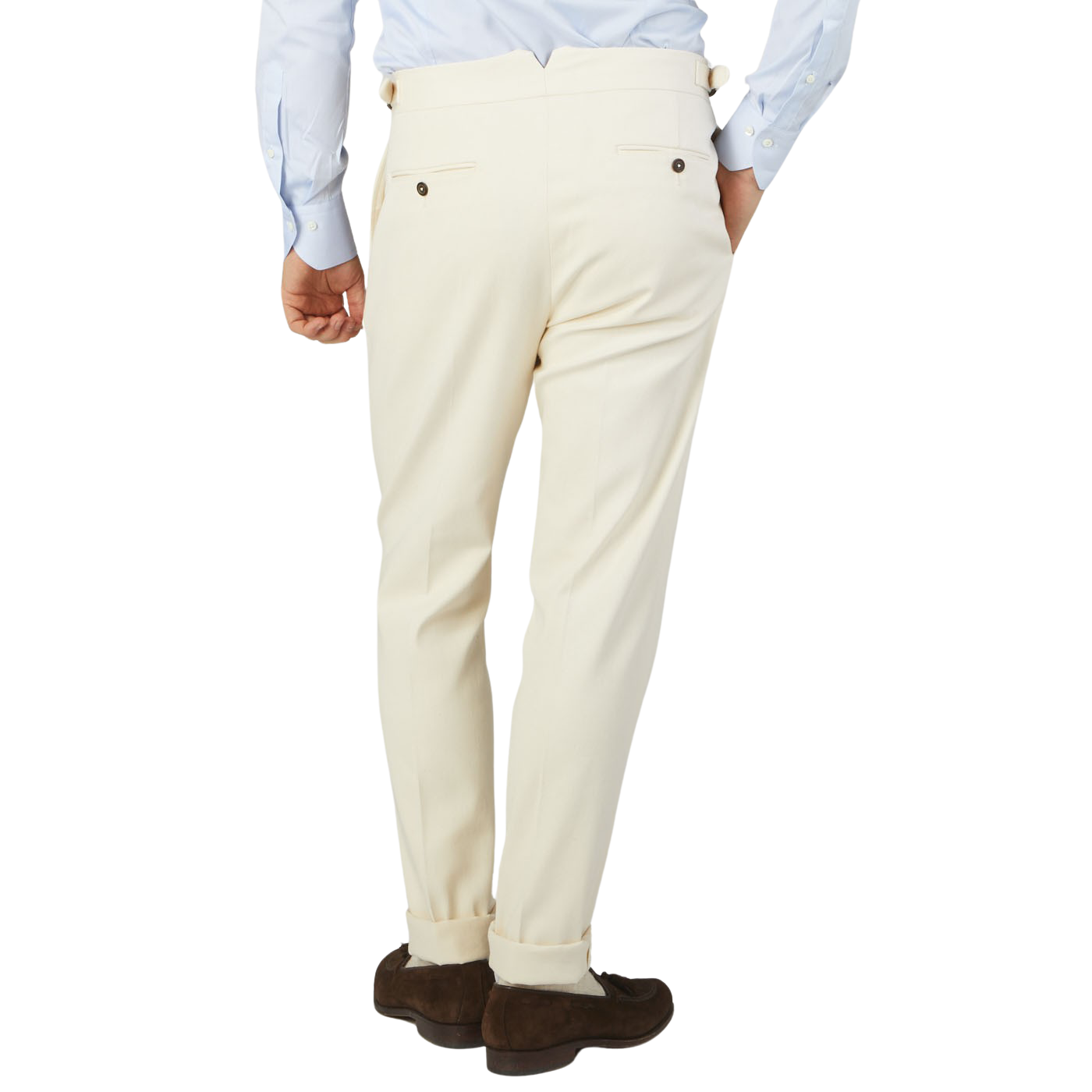 The back view of a man wearing Alexander Kraft Monte Carlo's Cream White Cotton Twill Updated Gurkha Trousers.