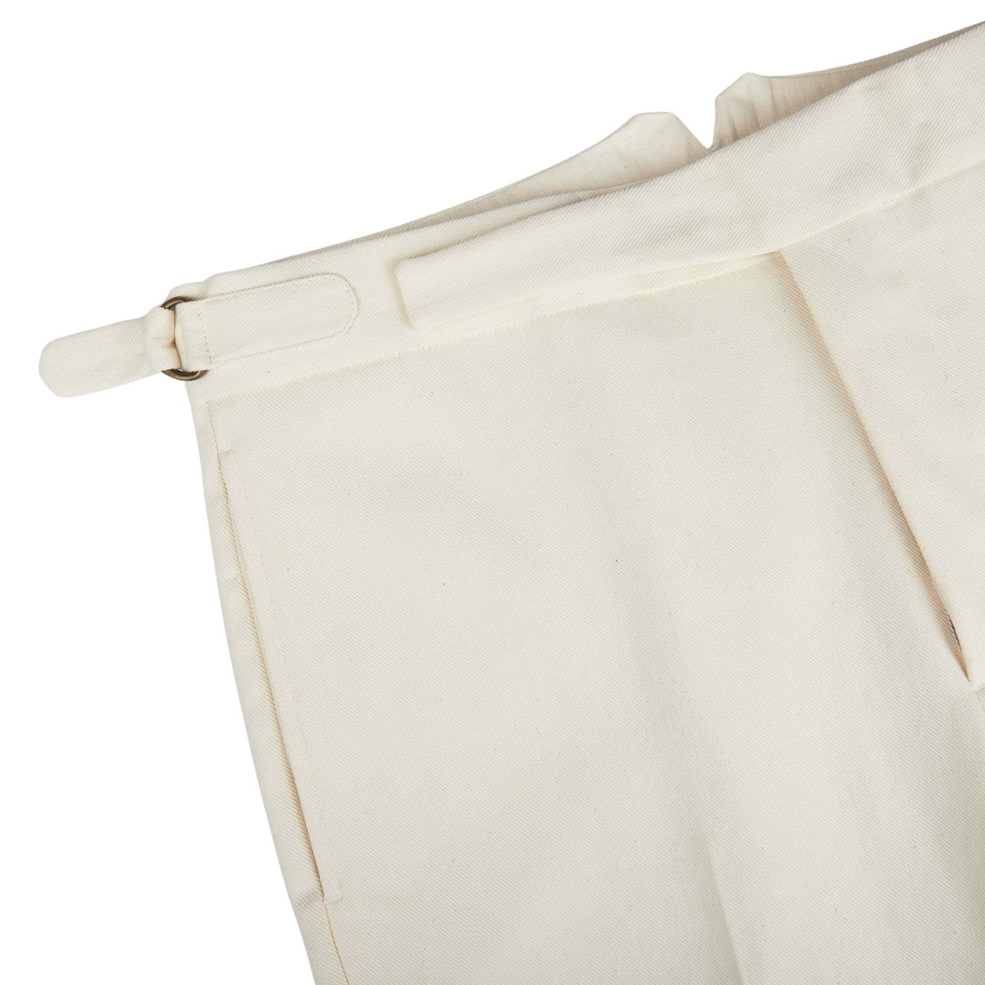 A pair of Cream White Cotton Twill Updated Gurkha Trousers from Alexander Kraft Monte Carlo with a gold buckle.