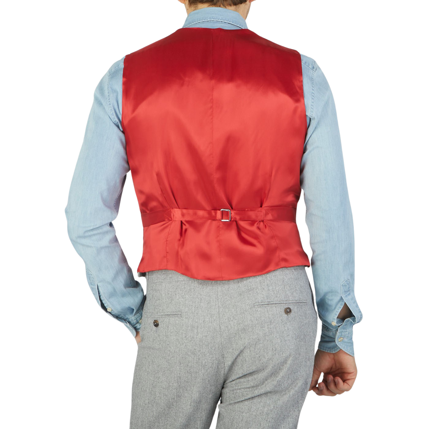 A man wearing a Light Grey VBC Wool Flannel DB Waistcoat, crafted with pure wool flannel by Alexander Kraft Monte Carlo.