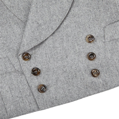A close up of a Light Grey VBC Wool Flannel DB Waistcoat with buttons, made by Alexander Kraft Monte Carlo.