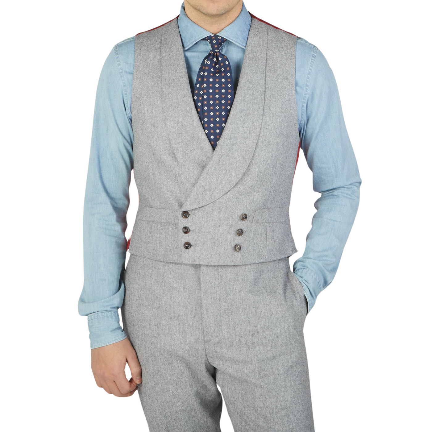 A man wearing a Light Grey VBC Wool Flannel DB Waistcoat by Alexander Kraft Monte Carlo.