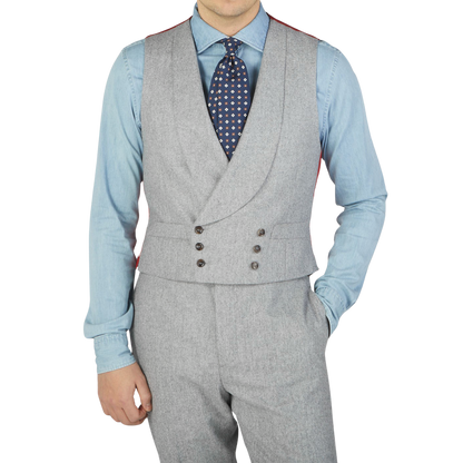A man wearing a Light Grey VBC Wool Flannel DB Waistcoat by Alexander Kraft Monte Carlo.