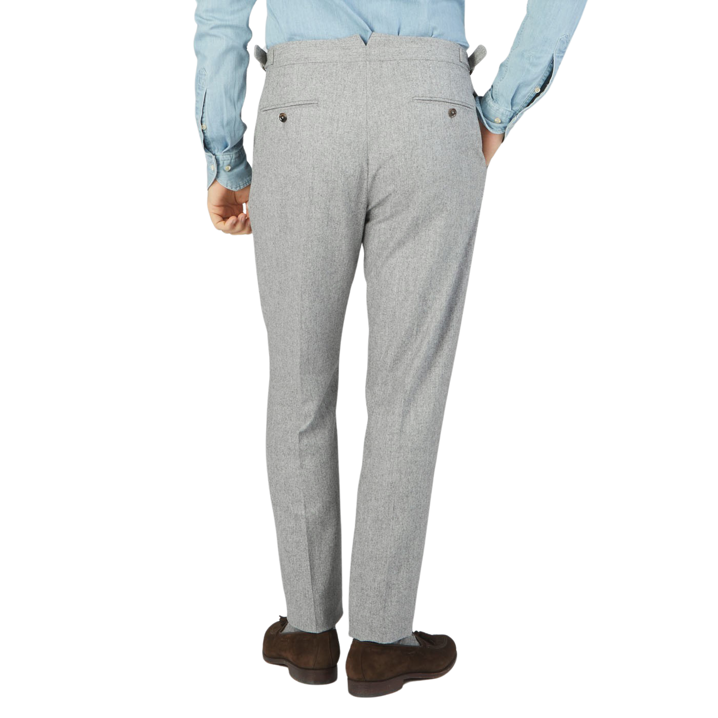 The back view of a man wearing Light Grey VBC Wool Flannel Riviera Trousers by Alexander Kraft Monte Carlo.