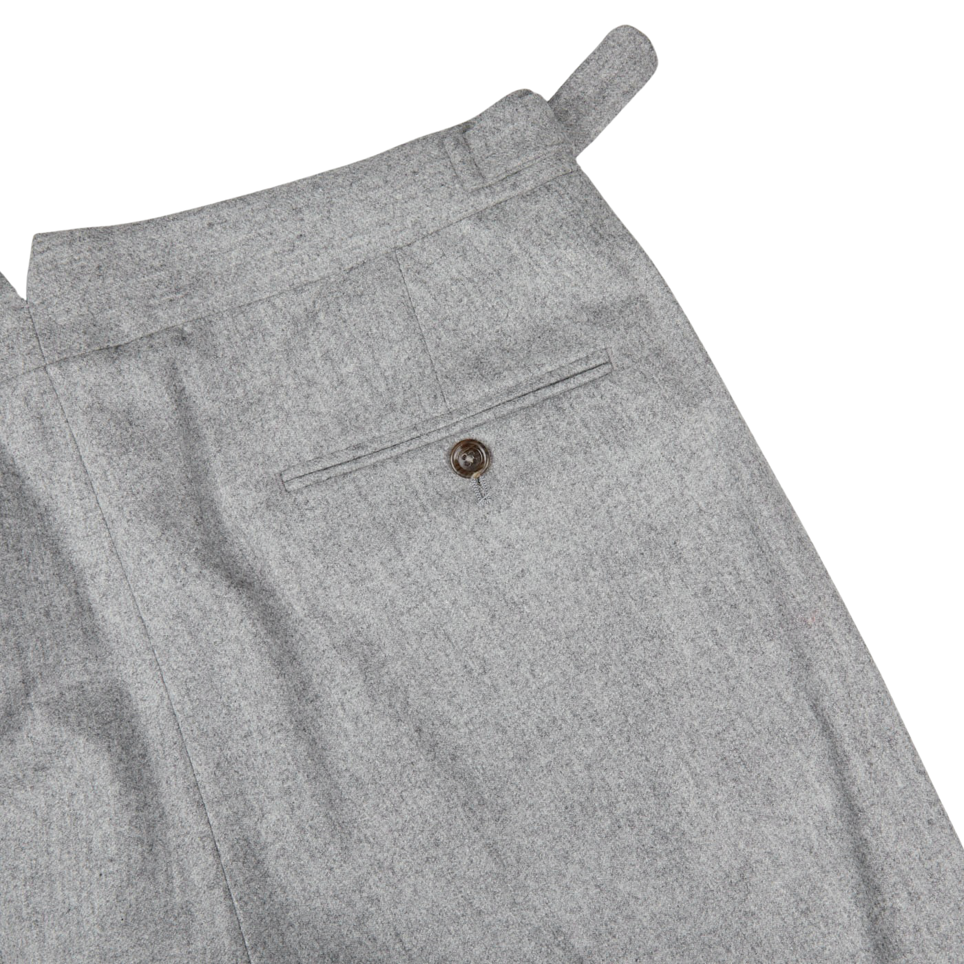 A close up image of Light Grey VBC Wool Flannel Riviera Trousers, made from pure wool by Alexander Kraft Monte Carlo.