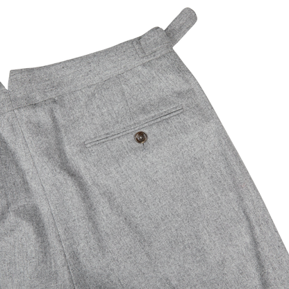 A close up image of Light Grey VBC Wool Flannel Riviera Trousers, made from pure wool by Alexander Kraft Monte Carlo.
