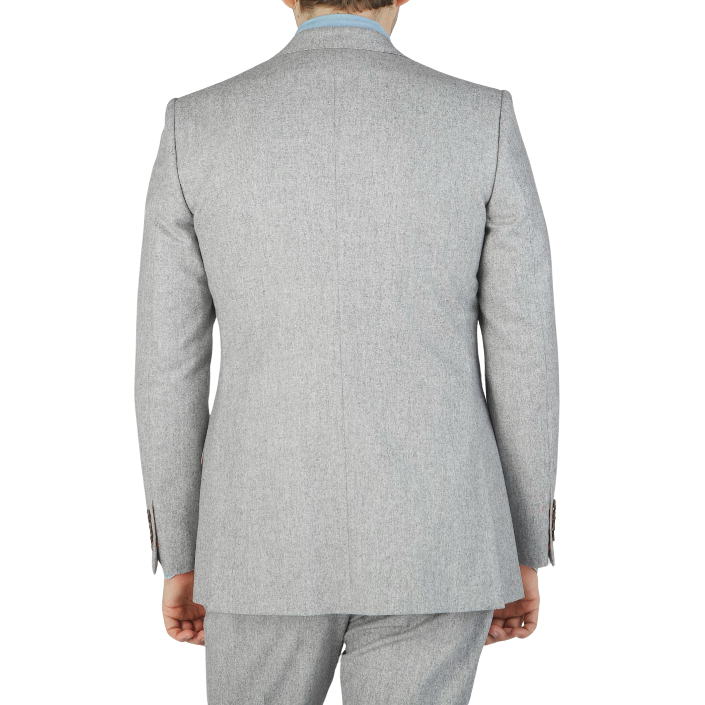 The back view of a man wearing an Alexander Kraft Monte Carlo Light Grey VBC Wool Flannel Signature Jacket.