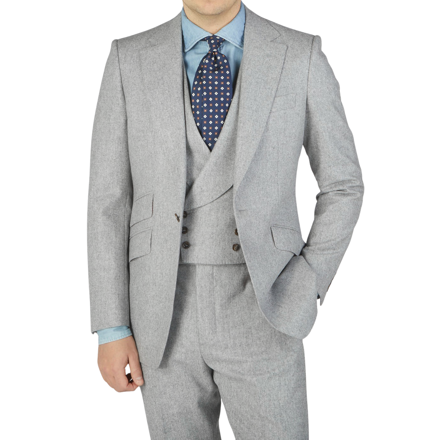 A man in a light grey VBC Wool Flannel Signature Jacket by Alexander Kraft Monte Carlo posing for a photo.