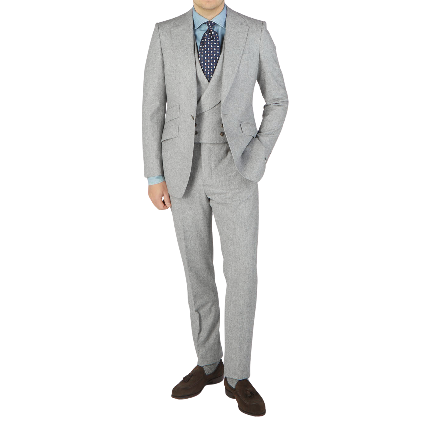 A man in a Light Grey VBC Wool Flannel Signature Jacket by Alexander Kraft Monte Carlo, posing for a photo.