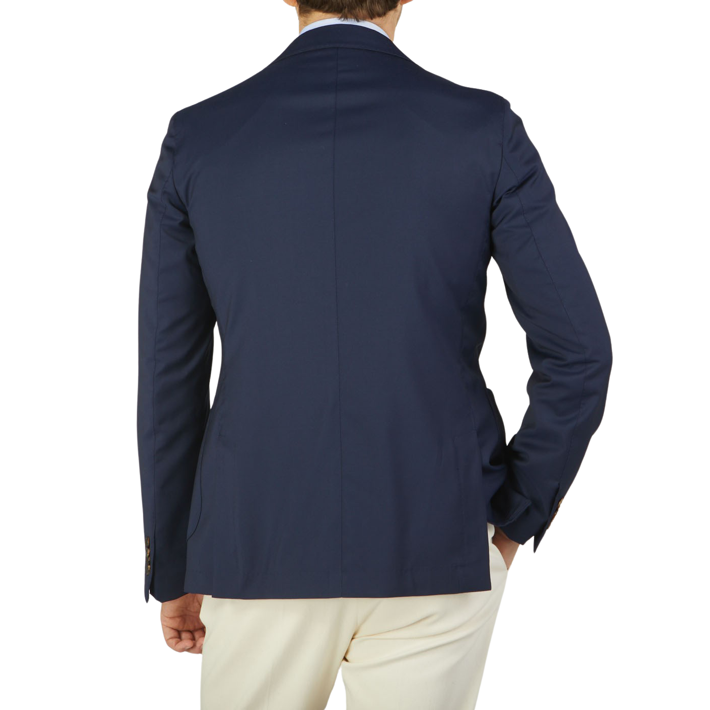 The back view of Alexander Kraft wearing a Navy Blue Loro Piana Wool Unstructured PPJ Jacket by Alexander Kraft Monte Carlo.